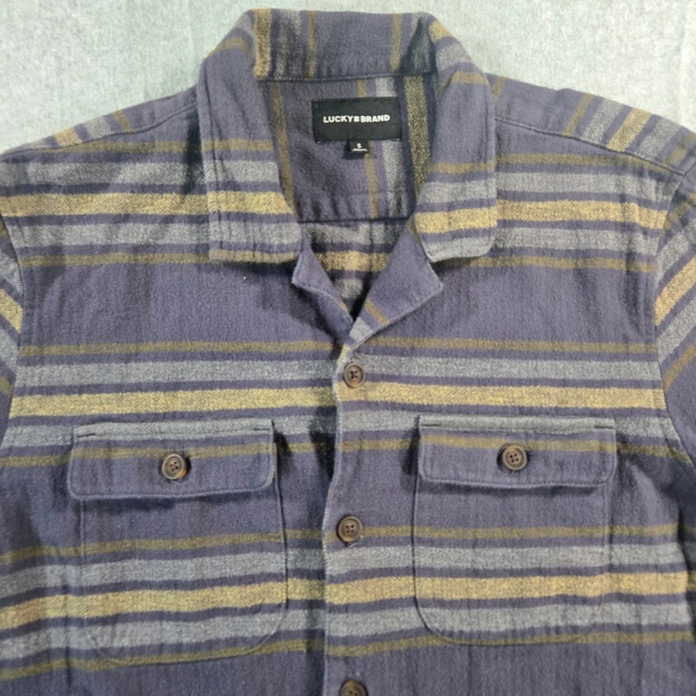 Lucky Brand Mens Small Blue Tan Striped Flannel Button Down Shirt F00245 - Picture 11 of 16